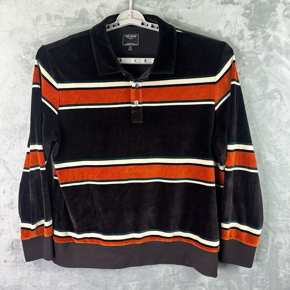 Todd Snyder Polo Shirt XL Brown Striped Long Sleeve Retro Made Portugal